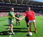 25 August 2002; Cork captain Colin Corkery and Kerry captain Darragh Ó Sé shake hands prior to the Bank of Ireland All-Ireland Senior Football Championship Semi-Final match between Kerry and Cork at Croke Park in Dublin. Photo by Ray McManus/Sportsfile