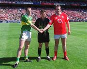 25 August 2002; Referee Brian White with team captains Darragh Ó Sé of Kerry and Colin Corkery of Cork prior to the Bank of Ireland All-Ireland Senior Football Championship Semi-Final match between Kerry and Cork at Croke Park in Dublin. Photo by Ray McManus/Sportsfile
