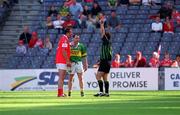 25 August 2002; Colin Corkery of Cork is shown the red card by referee Brian White, as Séamus Moynihan of Kerry looks on during the Bank of Ireland All-Ireland Senior Football Championship Semi-Final match between Kerry and Cork at Croke Park in Dublin. Photo by Brian Lawless/Sportsfile