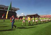 25 August 2002; Kerry and Cork players in the parade prior to the Bank of Ireland All-Ireland Senior Football Championship Semi-Final match between Kerry and Cork at Croke Park in Dublin. Photo by Damien Eagers/Sportsfile