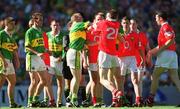 25 August 2002; Tomás Ó Sé of Kerry, third from left, tussles with Cork's Jim O'Donoghue of Cork, 21, during the Bank of Ireland All-Ireland Senior Football Championship Semi-Final match between Kerry and Cork at Croke Park in Dublin. Photo by Damien Eagers/Sportsfile