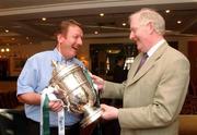 26 August 2002; Derry City Chairman Jim Roddy, left, shares a joke with St Patrick's Athletic's Secretary Phil Mooney after drawing against each other at the quarter final stage of the FAI Carlsberg Senior Challenge Cup, Alexander Hotel, Dublin. Soccer . Picture credit; David Maher / SPORTSFILE *EDI*