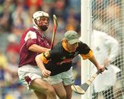 18 August 2002; Kilkenny goalkeeper Colm Grant is challenged by Declan Garvey of Galway during the All-Ireland Minor Hurling Championship Semi-Final match between Kilkenny and Galway at Croke Park in Dublin. Photo by Ray McManus/Sportsfile