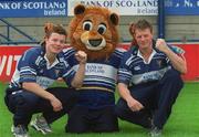 27 August 2002; Leinster players Brian O'Driscoll, left, and Malcolm O'Kelly, with the Leinster Lions mascot as Leinster Rugby announced a year two of their sponsorship deal with Bank of Scotland at Donnybrook Stadim in Dublin. Photo by Damien Eagers/Sportsfile