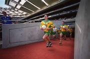 17 August 2002; Donegal captain Michael Hegarty leads his side out onto the pitch prior to the Bank of Ireland All-Ireland Senior Football Championship Quarter-Final Replay match between Dublin and Donegal at Croke Park in Dublin. Photo by Brendan Moran/Sportsfile