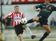 29 August 2002; Ger McCarthy of St Patrick's Athletic in action against Eamon Doherty of Derry City eircom League Premier Division match between Derry City and St Patrick's Athletic at the Brandywell Stadium in Derry. Photo by David Maher/Sportsfile