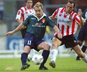 29 August 2002; Tony Bird of St Patrick's Athletic in action against Paddy McLaughlin of Derry City eircom League Premier Division match between Derry City and St Patrick's Athletic at the Brandywell Stadium in Derry. Photo by David Maher/Sportsfile