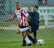 29 August 2002; David Kelly of Derry City in action against Darragh McGuire of St Patrick's Athletic eircom League Premier Division match between Derry City and St Patrick's Athletic at the Brandywell Stadium in Derry. Photo by David Maher/Sportsfile