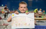 20 August 2017; Senan Corroon, from Killucan-Rahemey, Co Westmeath, holds up his drawing he created in the U8 Art event during day 2 of the Aldi Community Games August Festival 2017 at the National Sports Campus in Dublin. Photo by Cody Glenn/Sportsfile