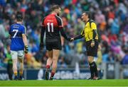 20 August 2017; Aidan O'Shea of Mayo shakes hands with referee Maurice Deegan at half-time during the GAA Football All-Ireland Senior Championship Semi-Final match between Kerry and Mayo at Croke Park in Dublin. Photo by Piaras Ó Mídheach/Sportsfile