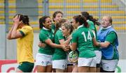 22 August 2017; Alison Miller of Ireland, centre, celebrates with team mates after scoring her side's second try during the 2017 Women's Rugby World Cup 5th Place Semi-Final match between Ireland and Australia at Kingspan Stadium in Belfast. Photo by Oliver McVeigh/Sportsfile