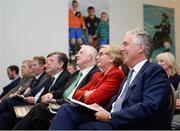 22 August 2017; FAI Chief Executive John Delaney, from right, Tánaiste Frances Fitzgerald TD, and FAI President Tony Fitzgerald listen to speeches during the Football For All Strategic Plan Launch at the Marker Hotel in Dublin.  Photo by Cody Glenn/Sportsfile