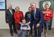 22 August 2017;  FAI Chief Executive John Delaney, centre, with James Casserly, aged 11, from Lucan, Co. Dublin (bottom) along with, from left, FAI President Tony Fitzgerald, Tánaiste Frances Fitzgerald TD, Derek Fitzpatrick and Raymond Lyng, both from Deen Celtic in Kilkenny during the Football For All Strategic Plan Launch at the Marker Hotel in Dublin. Photo by David Fitzgerald/Sportsfile