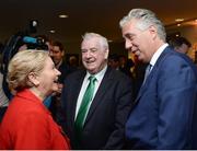 22 August 2017; Tánaiste Frances Fitzgerald TD, left, in conversation with FAI Chief Executive John Delaney, right, and FAI President Tony Fitzgerald during the Football For All Strategic Plan Launch at the Marker Hotel in Dublin.  Photo by Cody Glenn/Sportsfile