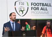 22 August 2017; Oisin Jordan, Football For All National Coordinator, speaks at the Football For All Strategic Plan Launch at the Marker Hotel in Dublin. Photo by Cody Glenn/Sportsfile