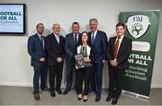 22 August 2017; Pictured are, back row, from left,  Oisin Jordan, Football For All National Co-ordinater, Dave Thomas, Glenn Valentine and Tracey Whelan, all from Tetrarch Hospitality, FAI Chief Executive John Delaney and Proinsias MacFhlannchadla from Tetrarch Hospitality during the Football For All Strategic Plan Launch at the Marker Hotel in Dublin. Photo by David Fitzgerald/Sportsfile