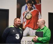 22 August 2017; Chris McElliott, left, FAI Community Coach, in conversation with Donal Byrne, Association of Irish Powerchair Football during the Football For All Strategic Plan Launch at the Marker Hotel in Dublin.  Photo by Cody Glenn/Sportsfile