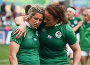 22 August 2017; A disappointed Alison Miller, left, and Ailis Egan of Ireland after the 2017 Women's Rugby World Cup 5th Place Semi-Final match between Ireland and Australia at Kingspan Stadium in Belfast. Photo by Oliver McVeigh/Sportsfile