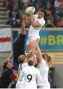 22 August 2017; Abbie Scott of England wins possession in a lineout against Audrey Forlan of France during the 2017 Women's Rugby World Cup Semi-Final match between England and France at Kingspan Stadium in Belfast. Photo by Oliver McVeigh/Sportsfile