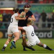 22 August 2017; Lenaig Corson of France is tackled by Katy Mclean and Alex Matthews of England during the 2017 Women's Rugby World Cup Semi-Final match between England and France at Kingspan Stadium in Belfast. Photo by Oliver McVeigh/Sportsfile