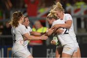 22 August 2017; Megan Jones of England is congratulated by team-mates after scoring an overtime try during the 2017 Women's Rugby World Cup Semi-Final match between England and France at Kingspan Stadium in Belfast. Photo by Oliver McVeigh/Sportsfile