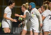 22 August 2017; Megan Jones of England is congratulated by Emily Scarratt after scoring a late try during the 2017 Women's Rugby World Cup Semi-Final match between England and France at Kingspan Stadium in Belfast. Photo by Oliver McVeigh/Sportsfile