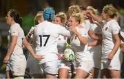 22 August 2017; Megan Jones of England is congratulated by team-mates after scoring a late try during the 2017 Women's Rugby World Cup Semi-Final match between England and France at Kingspan Stadium in Belfast. Photo by Oliver McVeigh/Sportsfile