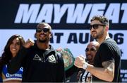 22 August 2017; Nathan Cleverly, right, and Badou Jack during the Grand Arrival at Toshiba Plaza in Las Vegas, USA, ahead of their WBA Light Heavyweight bout on the undercard of the boxing match between Floyd Mayweather Jr and Conor McGregor at T-Mobile Arena in Las Vegas on Saturday August 26. Photo by Stephen McCarthy/Sportsfile