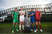 23 August 2017; PRO14 players, from left, Tiernan O'Halloran of Connacht, Iain Henderson of Ulster, Isa Nacewa of Leinster and CJ Stander of Munster, at the Guinness PRO14 season launch at the Aviva Stadium in Dublin. Photo by Ramsey Cardy/Sportsfile