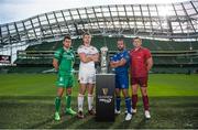 23 August 2017; PRO14 players, from left, Tiernan O'Halloran of Connacht, Iain Henderson of Ulster, Isa Nacewa of Leinster and CJ Stander of Munster, at the Guinness PRO14 season launch at the Aviva Stadium in Dublin. Photo by Ramsey Cardy/Sportsfile