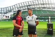 23 August 2017; CJ Velleman of Southern Kings in conversation with Tommaso Castello of Zebre at the Guinness PRO14 season launch at the Aviva Stadium in Dublin. Photo by Ramsey Cardy/Sportsfile