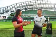 23 August 2017; CJ Velleman of Southern Kings in conversation with Tommaso Castello of Zebre at the Guinness PRO14 season launch at the Aviva Stadium in Dublin. Photo by Ramsey Cardy/Sportsfile