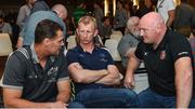 23 August 2017; Munster Director of Rugby Rassie Erasmus, left, Leinster head coach Leo Cullen, centre, and Dragons head coach Bernard Jackman at the Guinness PRO14 season launch at the Aviva Stadium in Dublin. Photo by Ramsey Cardy/Sportsfile