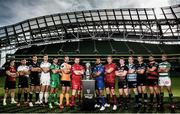 23 August 2017; PRO14 players, from left, CJ Velleman of Southern Kings, Tommaso Castello of Zebre, Ryan Wilson of Glasgow Warriors, Iain Henderson of Ulster, Tiernan O'Halloran of Connacht, Niell Jordaan of Toyota Cheetahs, Ken Owens of Scarlets, Isa Nacewa of Leinster, CJ Stander of Munster, Mark Bennett of Edinburgh, Gethin Jenkins of Cardiff Blues, Dan Lydiate of Ospreys, Cory Hill of Dragons and Dean Budd of Benetton, at the Guinness PRO14 season launch at the Aviva Stadium in Dublin. Photo by Ramsey Cardy/Sportsfile