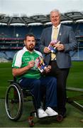 23 August 2017; Lorcan Madden, 2016 All-Star Wheelchair Hurler, and Uachtarán Chumann Lúthchleas Gael Aogán Ó Fearghail in attendance at the GAA M. Donnelly Wheelchair Hurling Rulebook at Croke Park in Dublin. Photo by Cody Glenn/Sportsfile