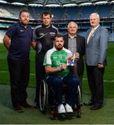 23 August 2017; Lorcan Madden, 2016 All-Star Wheelchair Hurler, joined by, from left, John O'Dwyer, Sales Manager MD Sports, hurling referee Christy Browne, Tim Maher, inventor of wheelchair hurling and member of the Leinster 'Games for All' Committee, and Uachtarán Chumann Lúthchleas Gael Aogán Ó Fearghail, in attendance at the GAA M. Donnelly Wheelchair Hurling Rulebook at Croke Park in Dublin. Photo by Cody Glenn/Sportsfile