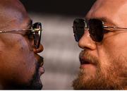 23 August 2017; Conor McGregor and Floyd Mayweather Jr square off during a news conference at the MGM Grand in Las Vegas, USA, ahead of their super welterweight boxing match at T-Mobile Arena in Las Vegas on Saturday August 26. Photo by Stephen McCarthy/Sportsfile