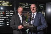 24 August 2017; Former Kerry footballer Jack O'Shea with Mícheál Ó Muircheartaigh and his Hall of Fame trophy during the GAA Museum Hall of Fame – Announcement of 2017 Inductees event at Croke Park in Dublin. Photo by Matt Browne/Sportsfile
