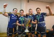 19 May 2012; Leinster players, from left, Shane Jennings, Sean O'Brien, Jamie Heaslip and Kevin McLaughlin celebrate with the Heineken Cup in the dressing room after the game. Heineken Cup Final, Leinster v Ulster, Twickenham Stadium, Twickenham, England. Picture credit: Stephen McCarthy / SPORTSFILE