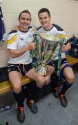 19 May 2012; Leinster players Eoin Reddan, left, and Jonathan Sexton celebrate with the Heineken Cup in the dressing room after the game. Heineken Cup Final, Leinster v Ulster, Twickenham Stadium, Twickenham, England. Picture credit: Stephen McCarthy / SPORTSFILE