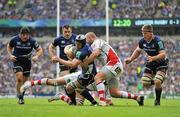 19 May 2012; Sean O'Brien, Leinster, supported by Mike Ross, Cian Healy and Brad Thorn, on his way to scoring his side's first try despite the efforts of Tom Court, Ulster. Heineken Cup Final, Leinster v Ulster, Twickenham Stadium, Twickenham, England. Picture credit: Diarmuid Greene / SPORTSFILE