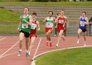 20 May 2012; Eventual winner Dean Cronin, Blarney/Inniscara A.C, followed by eventual second placed Shane Fitzsimons, Mullingar Harriers A.C., in action during the 800m event. Woodie's DIY AAI Games, Morton Stadium, Santry, Dublin. Picture credit; Tomas Greally / SPORTSFILE