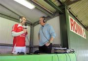 20 May 2012; Louth captain Paddy Keenan speaking with Colm Corrigan from LMFM Radio after the game. Leinster GAA Football Senior Championship, Westmeath v Louth, Pairc Tailteann, Navan, Co. Meath. Photo by Sportsfile