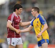 20 May 2012; Michael Meehan, Galway, shakes hands  with Sean McDermott, Roscommon, after the game. Connacht GAA Football Senior Championship Quarter-Final, Roscommon v Galway, Dr. Hyde Park, Roscommon. Picture credit: Ray Ryan / SPORTSFILE