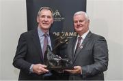 24 August 2017; Uachtarán Chumann Lúthchleas Gael Aogán Ó Fearghail, right, presents former Kilkenny hurler Frank Cummins with his Hall of Fame award during the GAA Museum Hall of Fame – Announcement of 2017 Inductees event at Croke Park in Dublin. Photo by Matt Browne/Sportsfile