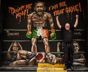 24 August 2017; Damien Walsh, from Ashington, Dublin, pictured in front of a mural of Conor McGregor and Floyd Mayweather outside Sin Nightclub on Sycamore Street in the Temple Bar district of Dublin, Ireland prior to the super welterweight boxing match between Floyd Mayweather Jr and Conor McGregor at T-Mobile Arena in Las Vegas, USA, on Saturday August 26. Photo by Cody Glenn/Sportsfile