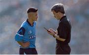 17 September 1995; Referee Paddy Russell speaks to Jason Sherlock of Dublin during the GAA Football All-Ireland Senior Champtionship Final match between Dublin and Tyrone at Croke Park in Dublin. Photo by Ray McManus/Sportsfile