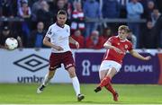 25 August 2017; JJ Lunney of St. Patrick's Athletic in action against Gavan Holohan of Galway United during the Irish Daily Mail FAI Cup Second Round match between St. Patrick's Athletic and Galway United at Richmond Park, in Dublin. Photo by Matt Browne/Sportsfile