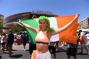 25 August 2017; Conor McGregor supporter Jennifer Fitzpatrick, from Boher, Co Limerick, prior to the weigh-in for the super welterweight boxing match bewteen Floyd Mayweather Jr and Conor McGregor at T-Mobile Arena in Las Vegas, USA. Photo by Stephen McCarthy/Sportsfile