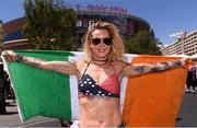 25 August 2017; Conor McGregor supporter Clare Cunningham, from Cullen, Co Louth, prior to the weigh-in for the super welterweight boxing match bewteen Floyd Mayweather Jr and Conor McGregor at T-Mobile Arena in Las Vegas, USA. Photo by Stephen McCarthy/Sportsfile